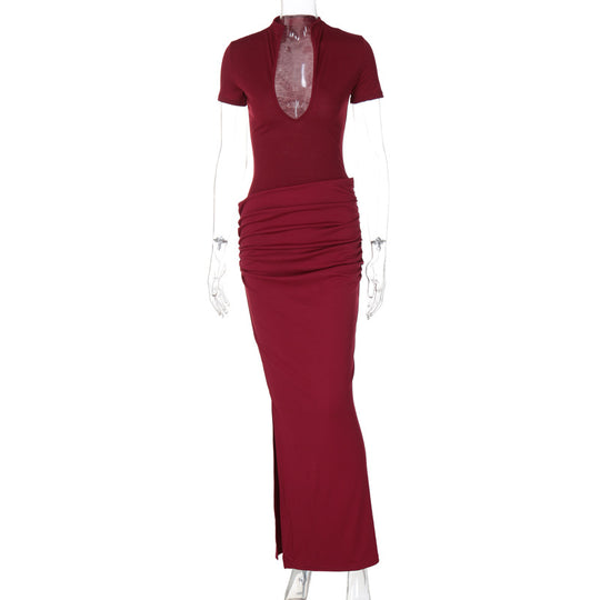Damen Elegantes Maxikleid mit tiefem Ausschnitt und Raffungen EB