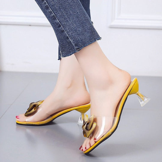 Damen Mules mit transparentem Riemen und dekorativem Schleifen-Detail EB
