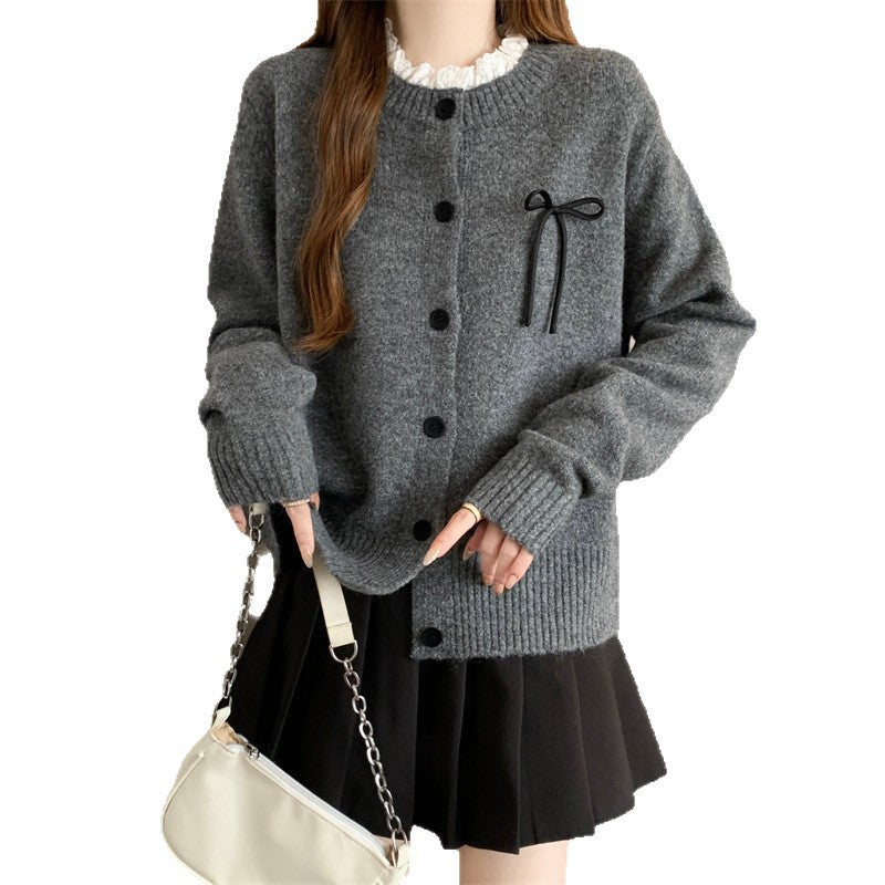 Damen Strickcardigan mit dekorativen Knöpfen und Schleifenakzent EB