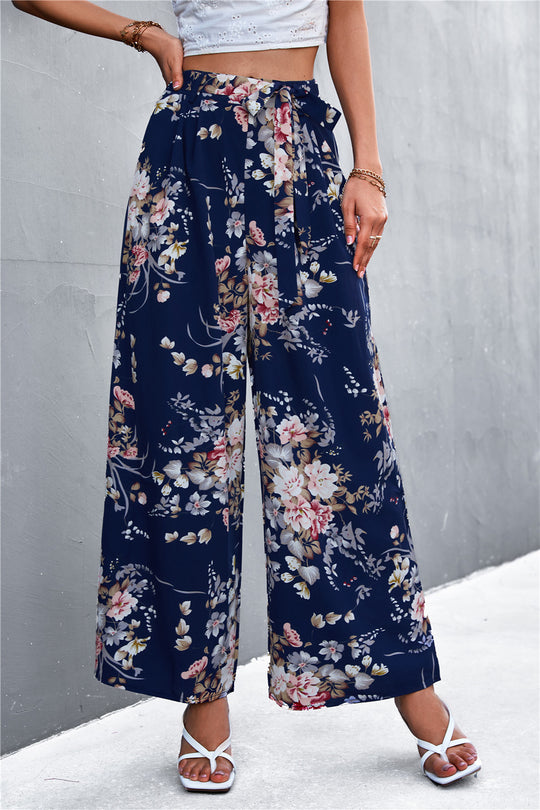 Damen Weite Blumenhose mit elastischem Bund und Bindegürtel EB