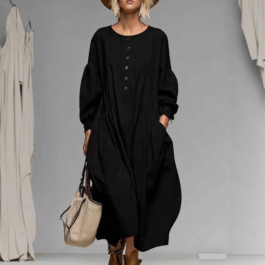 Damen Lässiges Midi-Kleid mit Knopfleiste, Ballonärmeln und Eingrifftaschen EB
