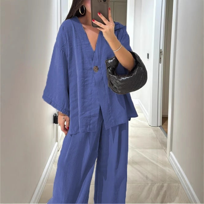 Damen nan entspanntes Zweiteiler-Leinenensemble mit kimonoartiger Oversize-Jacke und weiter Palazzohose EB