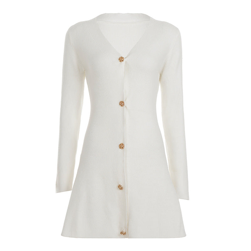 Damen nan tailliertes Strickkleid-Cardigan mit V-Ausschnitt und dekorativen Zierknöpfen EB