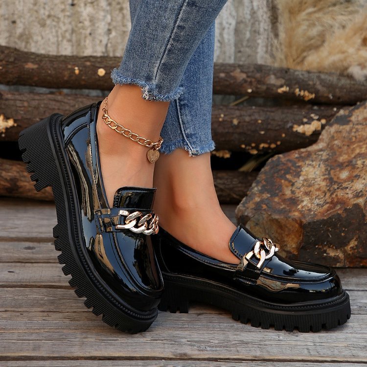 Damen Chunky Loafers mit goldener Kettenverzierung und rutschfester Sohle EB