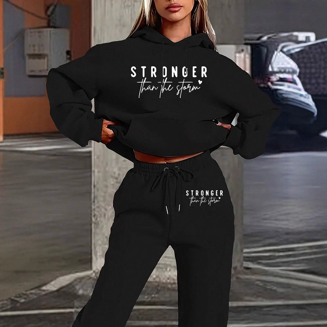 Damen nan Cropped-Hoodie und Jogginghose Set mit Statement-Print, Kängurutasche und elastischem Bund EB