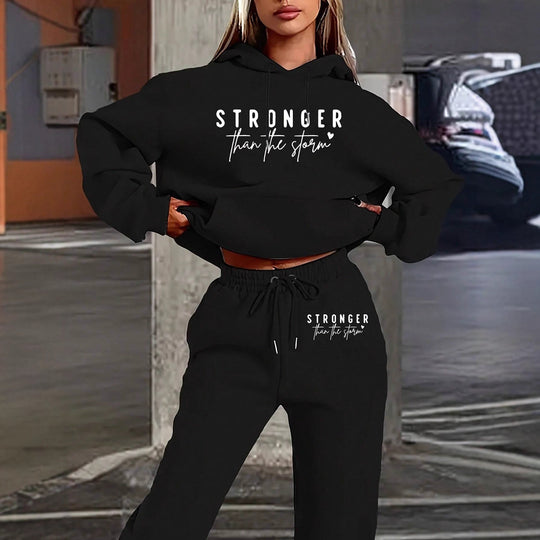 Damen nan Cropped-Hoodie und Jogginghose Set mit Statement-Print, Kängurutasche und elastischem Bund EB