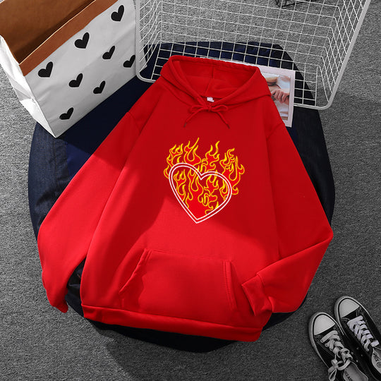 Damen nan leichter Oversize Kapuzenpullover mit Herz‑EKG‑Motiv, langen Kordeln und elastischem Bund EB