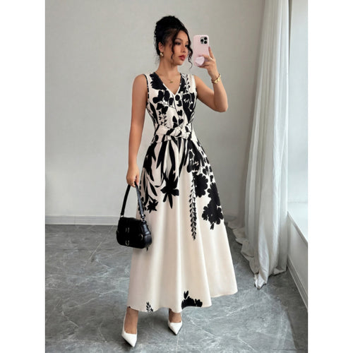 Damen Maxikleid mit floralem Design und taillierbarem Gürtel EB