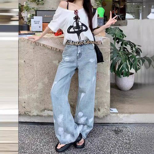 Damen Weite High-Waist Jeans mit minimalistischem Design und stylischen Waschungen EB