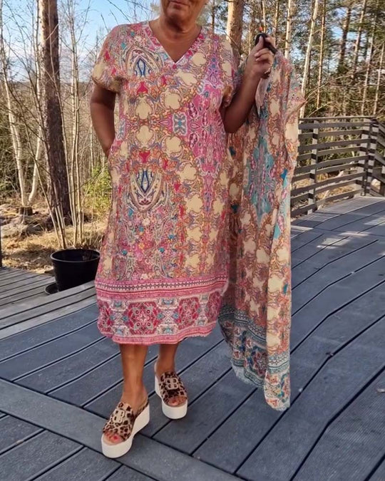 Damen Kaftan-Kleid mit koordiniertem Schal und seitlichen Taschen Heidi-Mode
