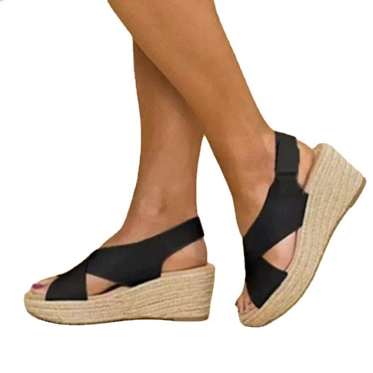 Damen Wedge-Sandalen mit Cross-Over-Riemen und juteumrandeter Sohle EB
