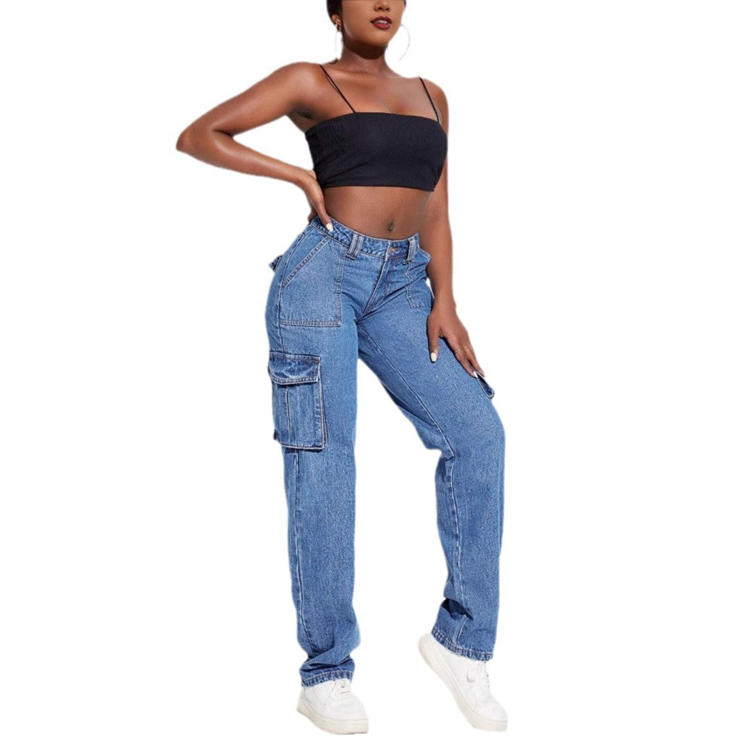 Damen Vintage Cargo Jeans mit elastischem Bund und seitlichen Taschen EB
