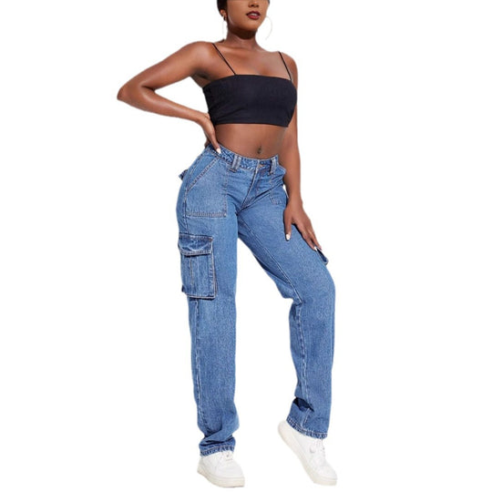 Damen Vintage Cargo Jeans mit elastischem Bund und seitlichen Taschen EB
