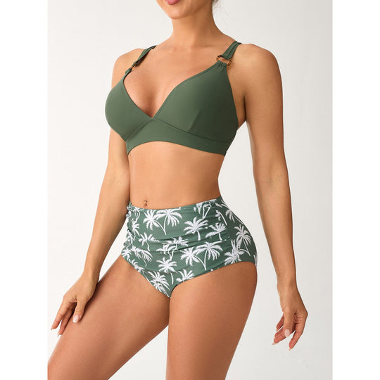 Damen Bikini-Set mit hohem Bund und modischem Palmendruck EB