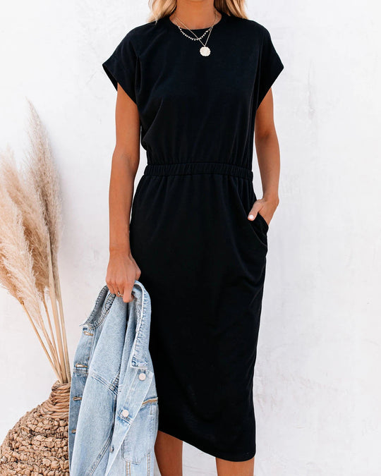Damen Entspanntes Midikleid mit elastischem Taillenzug und Seitentaschen EB