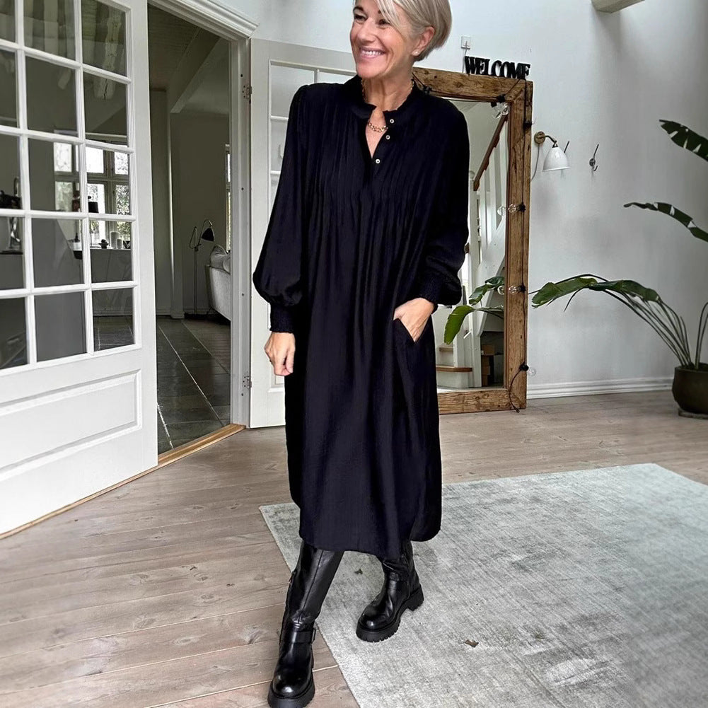 Damen Midikleid mit eleganter Faltenstruktur und praktischen Taschen Heidi-Mode