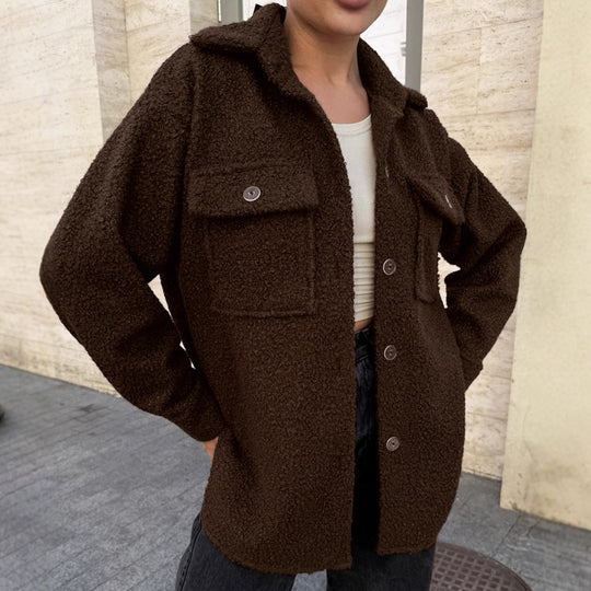 Damen Flauschige Utility-Jacke mit großen Taschen und Knopfdetails EB
