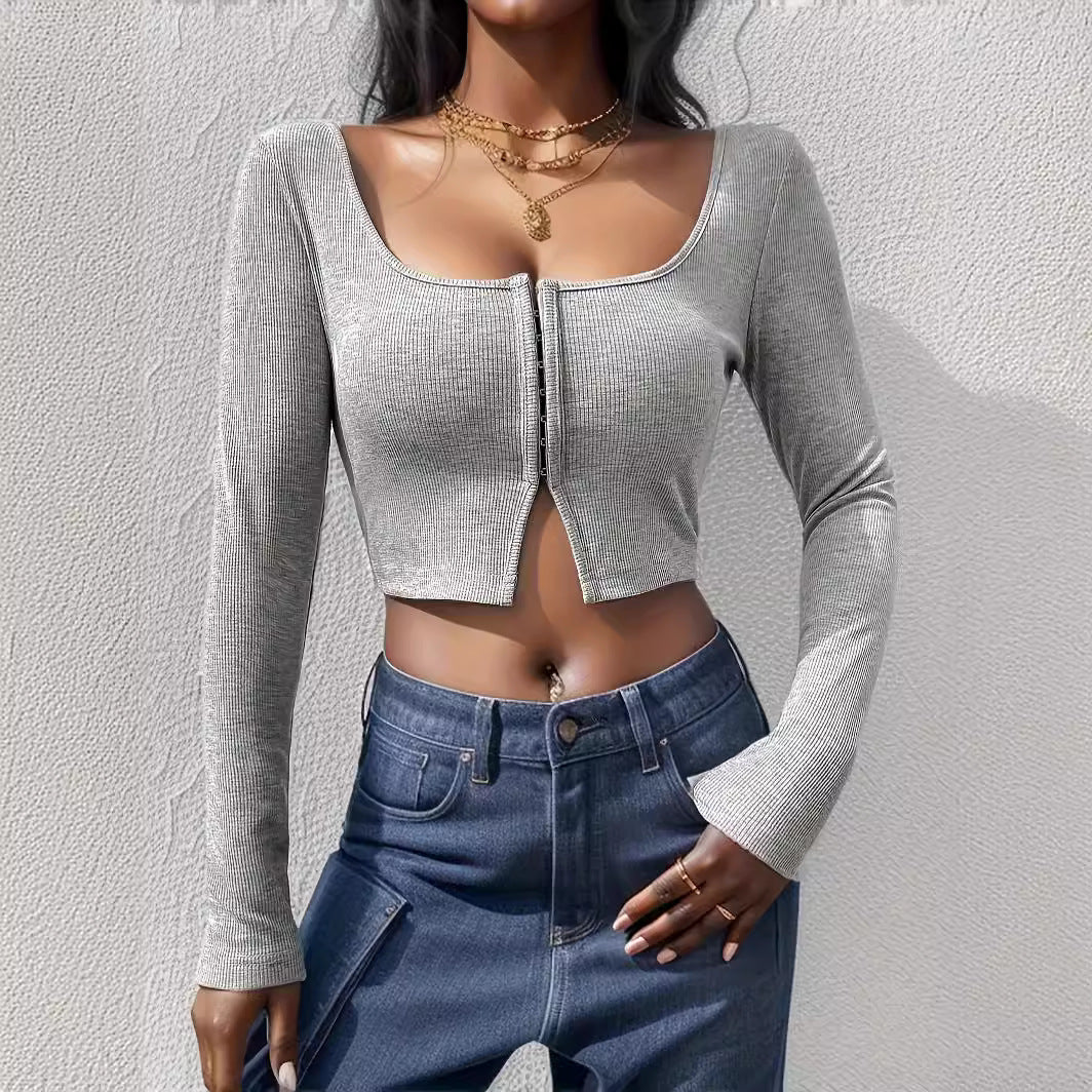 Damen Cropped Oberteil mit Reißverschluss und langem Arm EB