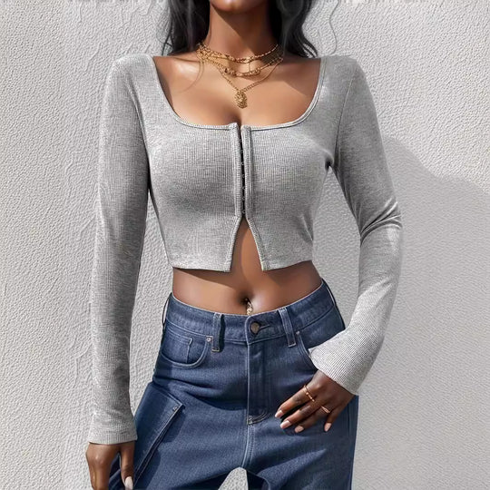 Damen Cropped Oberteil mit Reißverschluss und langem Arm EB