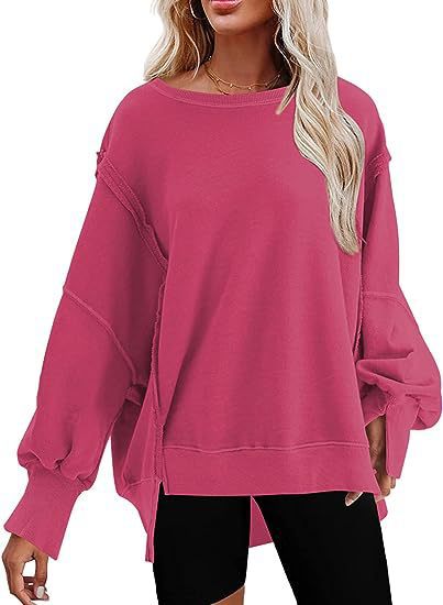 Damen lässiger Sweatshirt mit Ballonärmeln und seitlichen Schlitzen EB