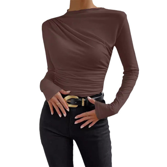 Damen nan figurbetontes Langarmshirt mit asymmetrischer Raffung am Vorderteil und U-Boot-Ausschnitt EB