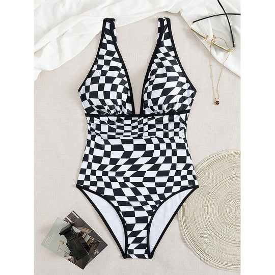 Damen Einteiler Badeanzug mit aufregendem Schachbrettmuster und figurbetonendem Design EB