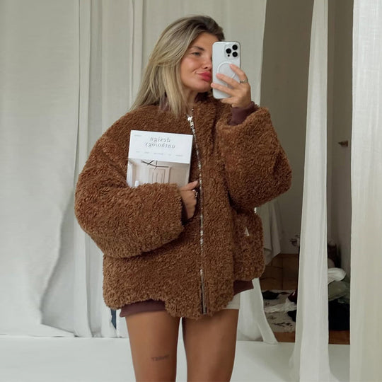 Damen gemütliche Teddyjacke mit hohem Kragen EB