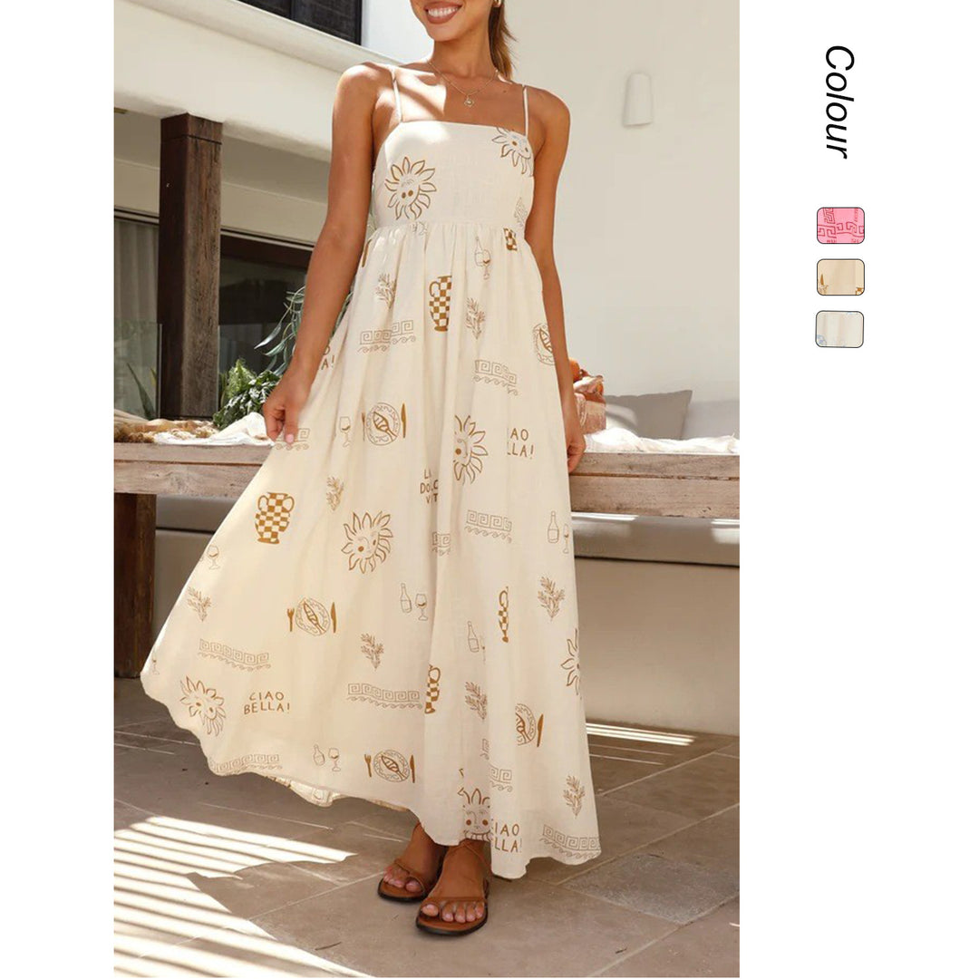 Damen Maxikleid mit gesmoktem Oberteil und verspieltem Grafikdesign EB