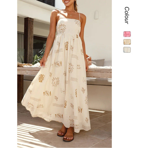 Damen Maxikleid mit gesmoktem Oberteil und verspieltem Grafikdesign EB