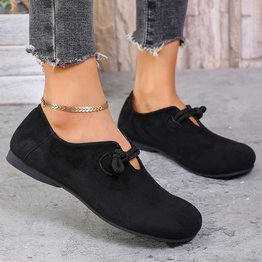 Damen  legere Ballerina Halbschuhe aus Veloursoptik mit dekorativer Knotenlasche und flexibler rutschfester Sohle EB