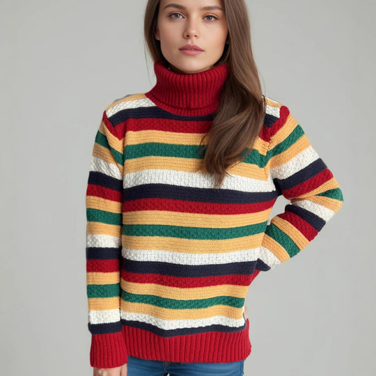 Damen Rollkragenpullover mit farbenfrohen Streifen und hochwertiger Strickqualität EB