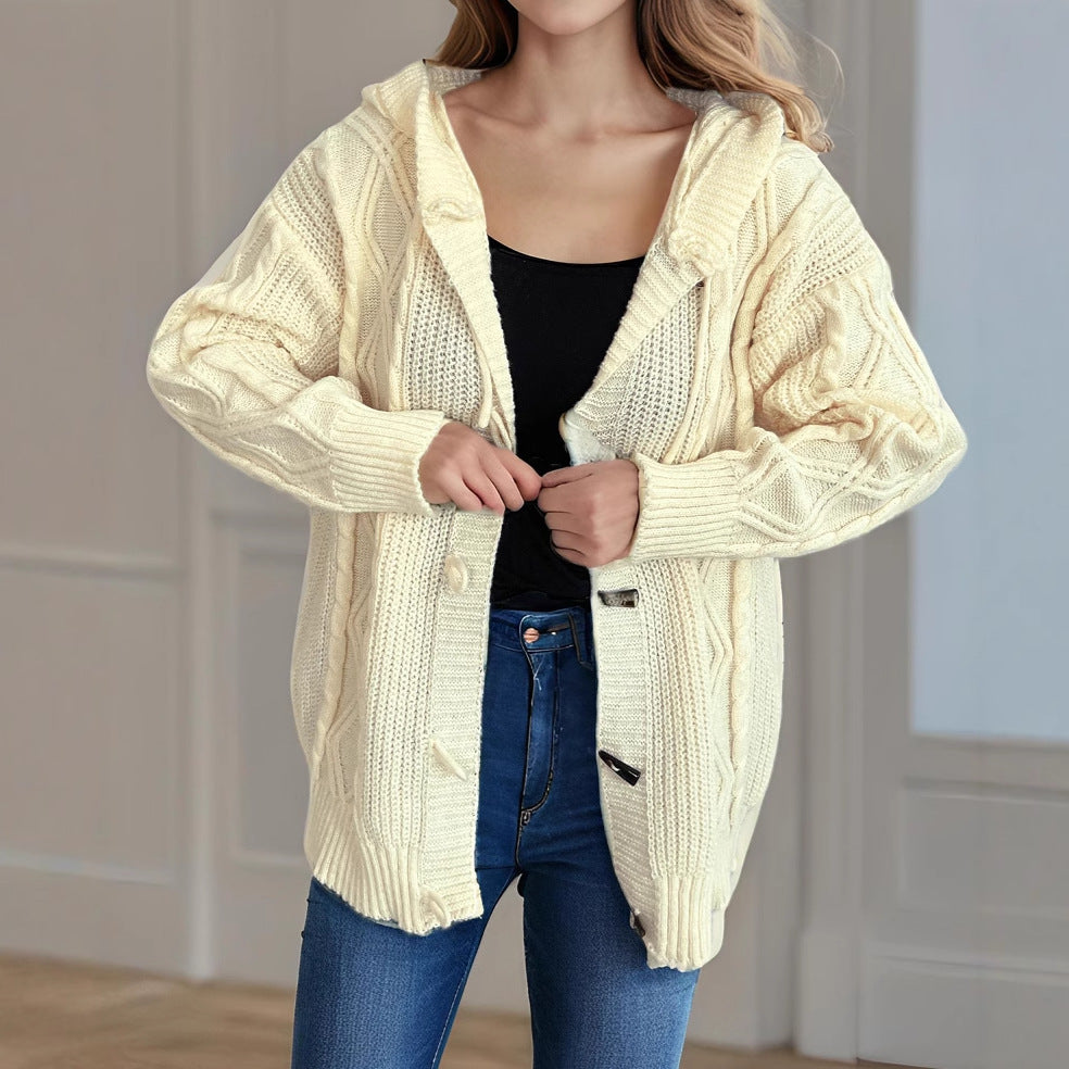 Damen Grobstrickjacke mit Kapuze und Zopfmuster EB