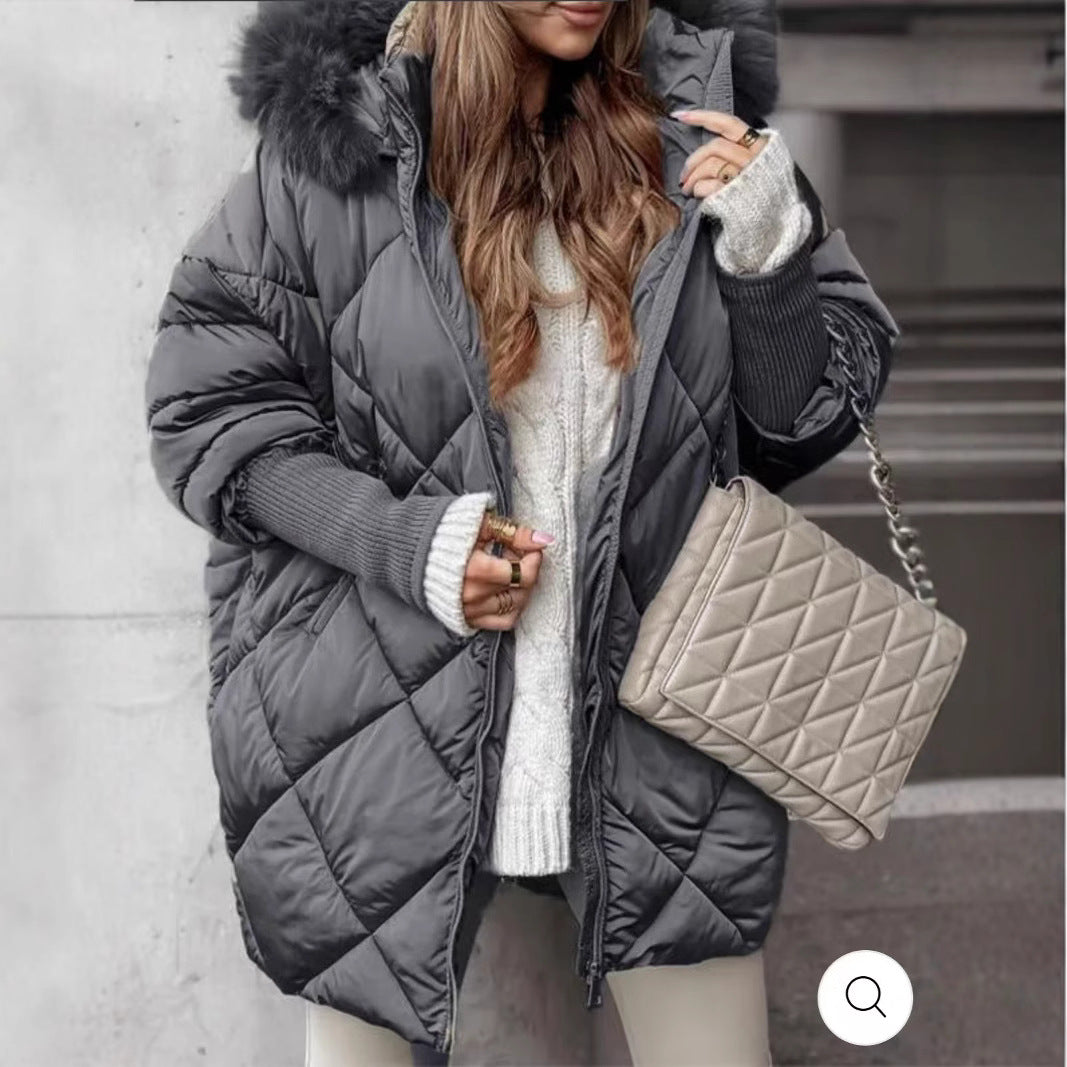 Damen nan weit geschnittener gesteppter Winterparka mit Kapuze Kunstpelzbesatz und Rippbündchen EB