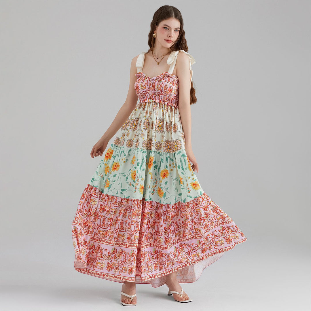 Damen Maxikleid mit floralen Falten und großzügigem A-Linien-Schnitt EB