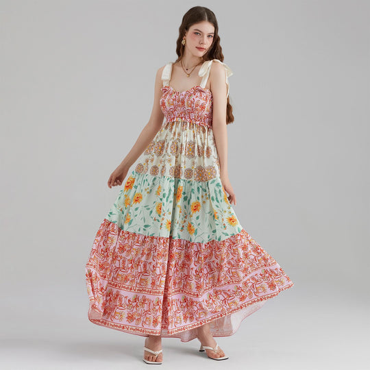 Damen Maxikleid mit floralen Falten und großzügigem A-Linien-Schnitt EB