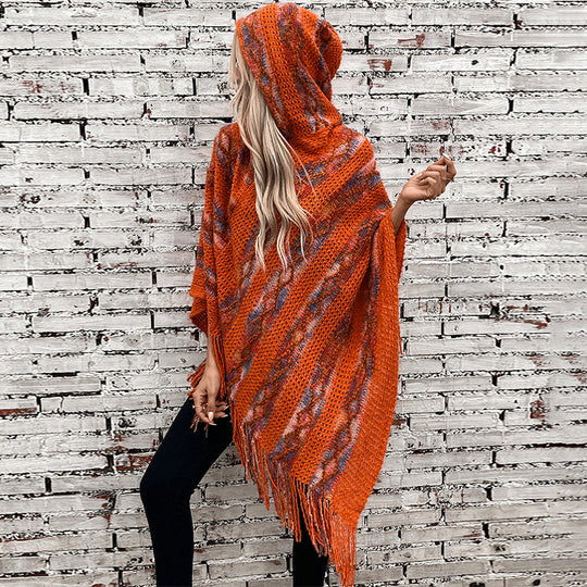 Damen Strickponcho mit Kapuze und fransigem Design EB