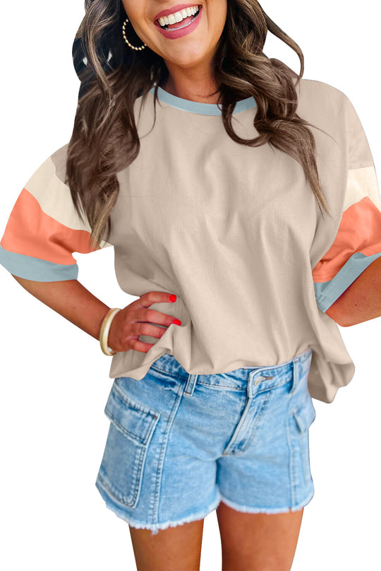 Damen lässiges T-Shirt mit farbenfrohen Ärmeln und weitem Schnitt EB
