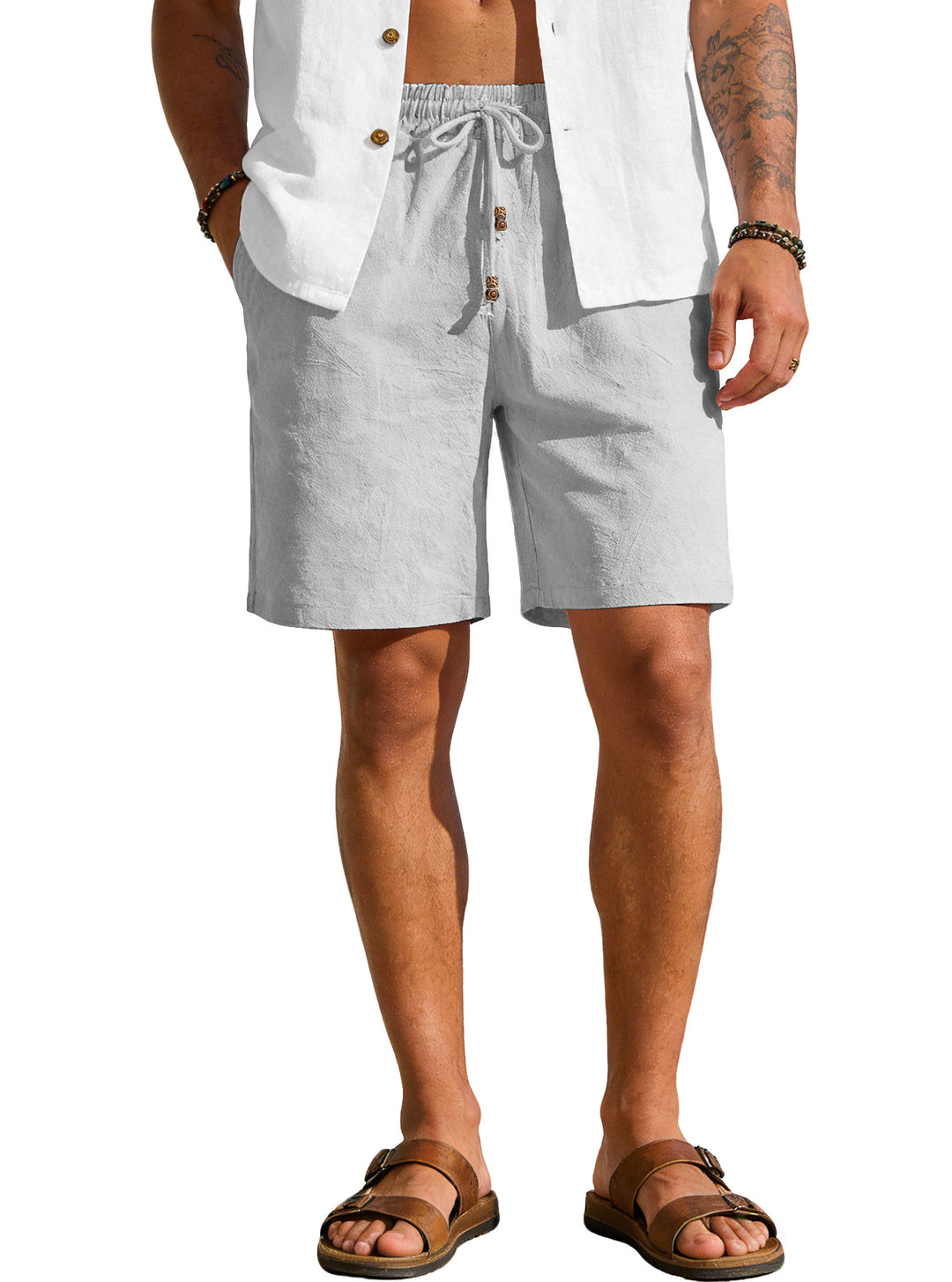 Herren nan leichte Strand-Bermuda aus Leinenmix mit Elastikbund Kordelzug und Zierknopfleiste EB