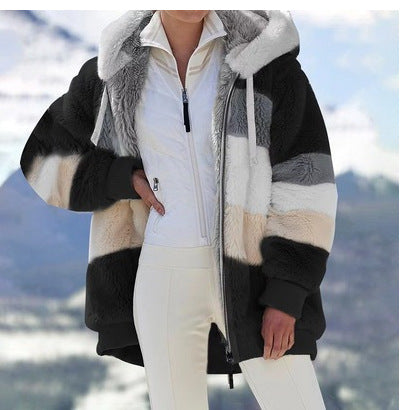 Damen Modische und warme Fleecejacke mit Kapuze und blockartigem Design EB