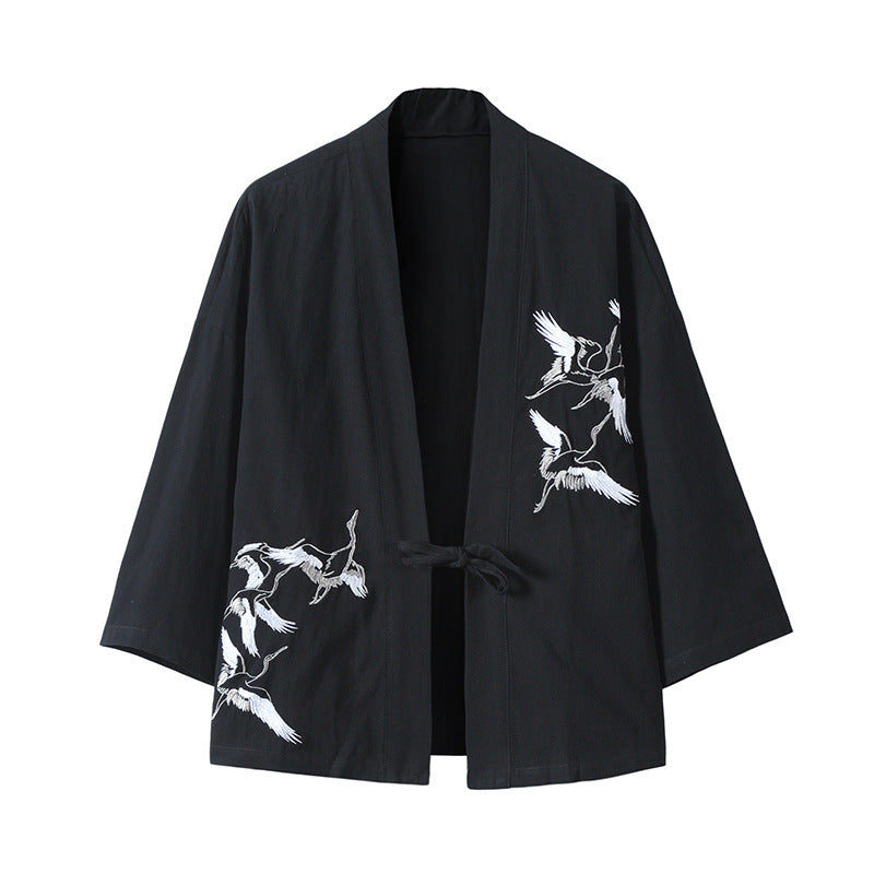 Unisex nan japanisch inspirierte Kimonojacke mit Kranichstickerei und Bindeschließe EB