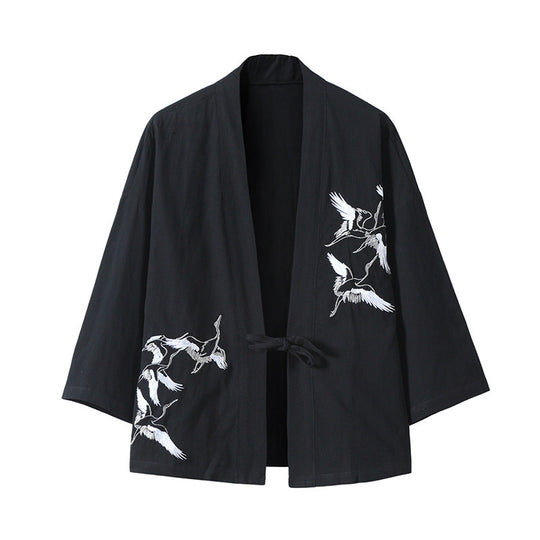 Unisex nan japanisch inspirierte Kimonojacke mit Kranichstickerei und Bindeschließe EB