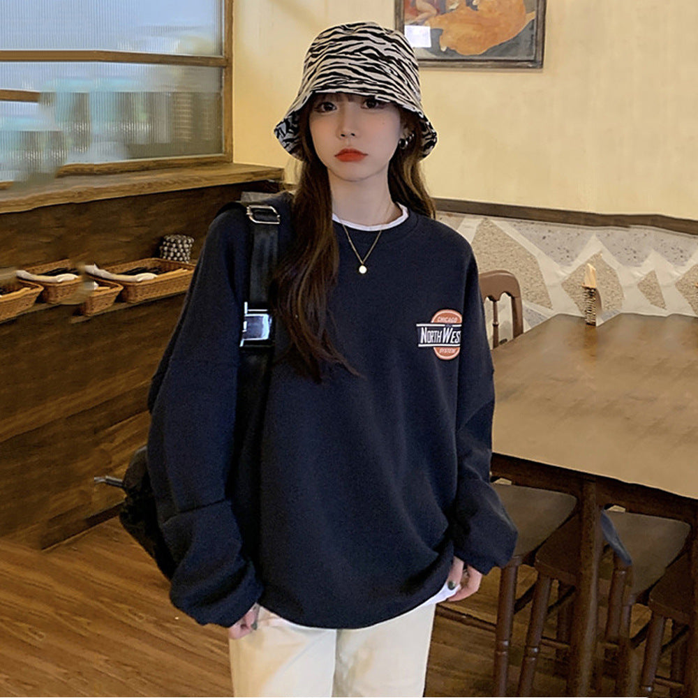 Damen lässiger Oversized-Pullover mit modischem Logo und angenehm weichem Innenfutter EB