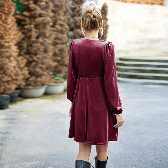 Damen nan Samt-Kurzkleid mit quadratischem Ausschnitt, Empire-Taille und Ballonärmeln EB