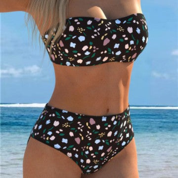 Damen Bandeau-Bikini mit floralem Muster und hohem Taillenschnitt EB