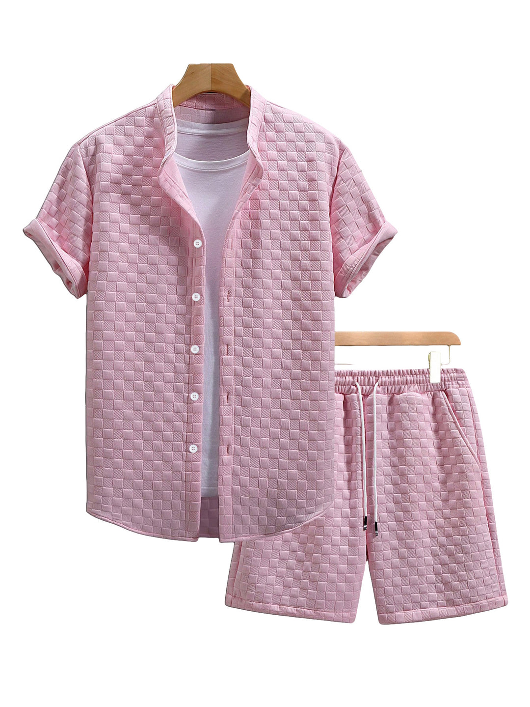 Herren nan zweiteiliges Sommerensemble mit Stehkragen-Hemdjacke und elastischen Komfort-Shorts in geprägter Karo-Textur EB