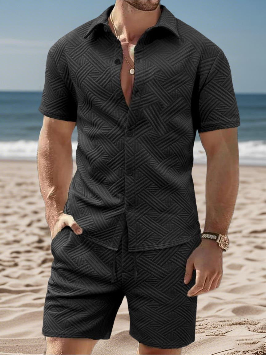 Herren nan geprägtes Strand-Ensemble mit offenem Kurzarm-Hemd und Kordel-Bermuda EB