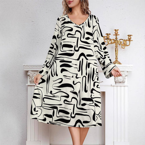 Damen Midikleid mit modernem Grafikdruck und V-Ausschnitt EB
