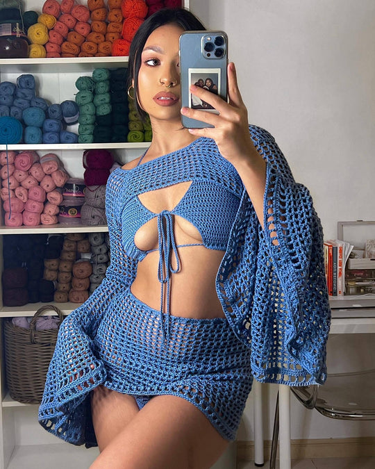 Damen gehäkeltes Strandoutfit mit verspielten Rüschendetails EB