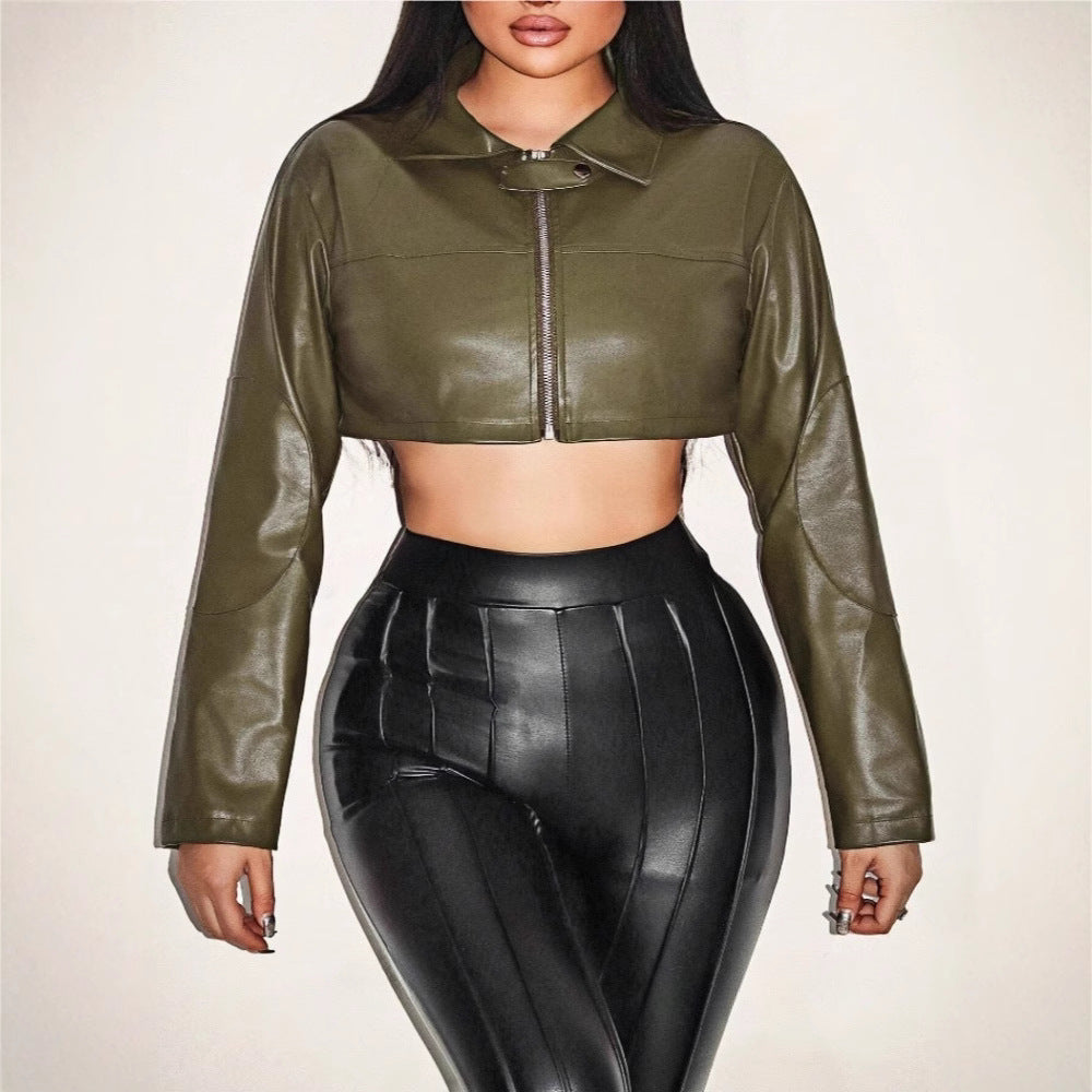 Damen cropped Kunstlederjacke mit innovativem Reißverschluss EB