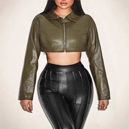 Damen cropped Kunstlederjacke mit innovativem Reißverschluss EB
